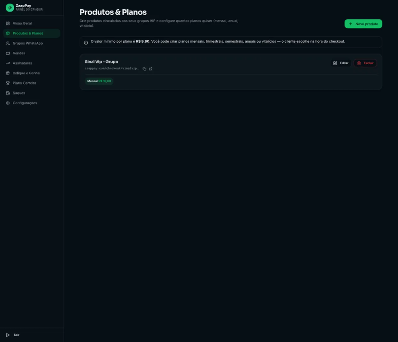 Produto criado com link de checkout disponível