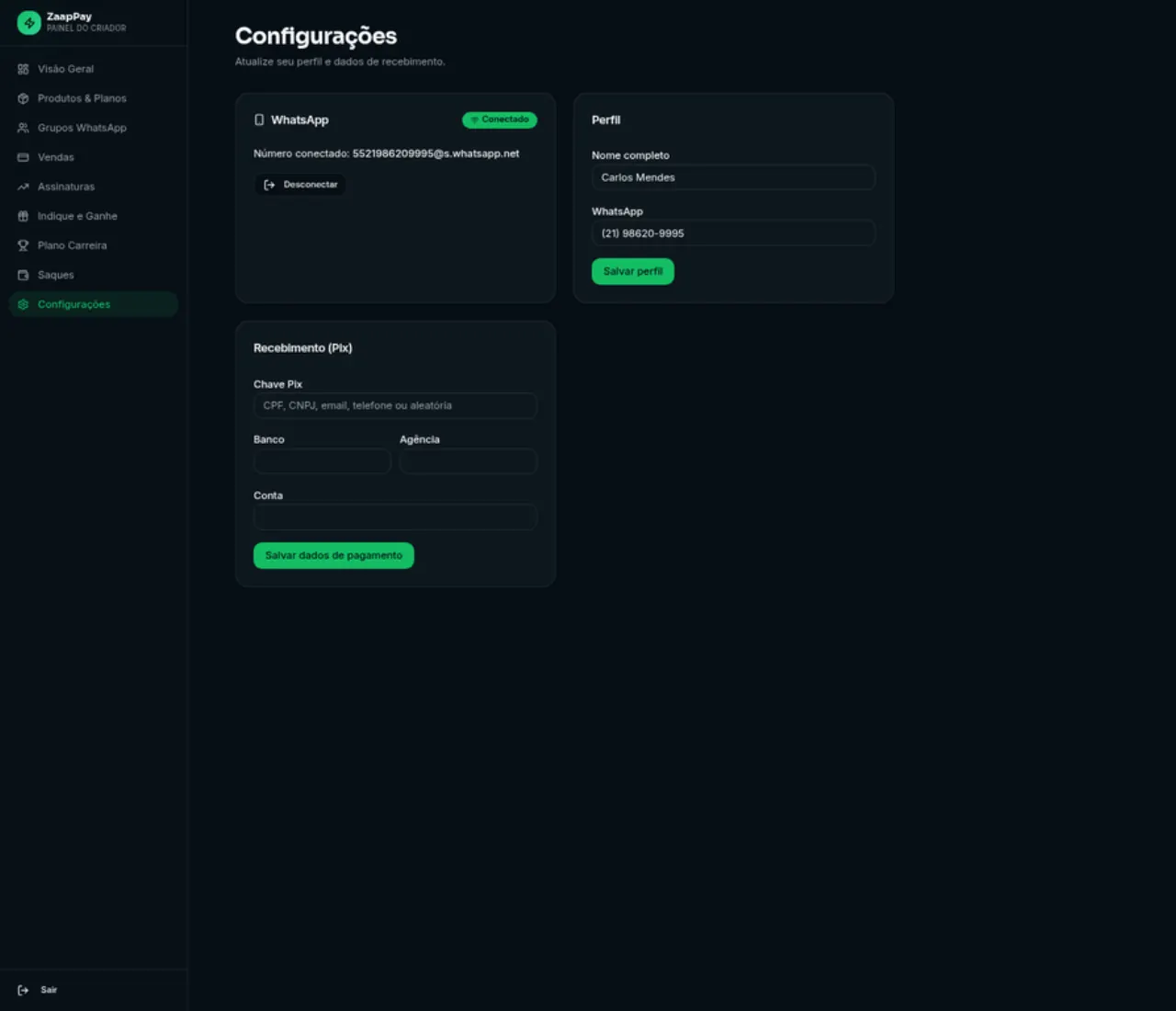 Tela de configurações com campo de chave PIX
